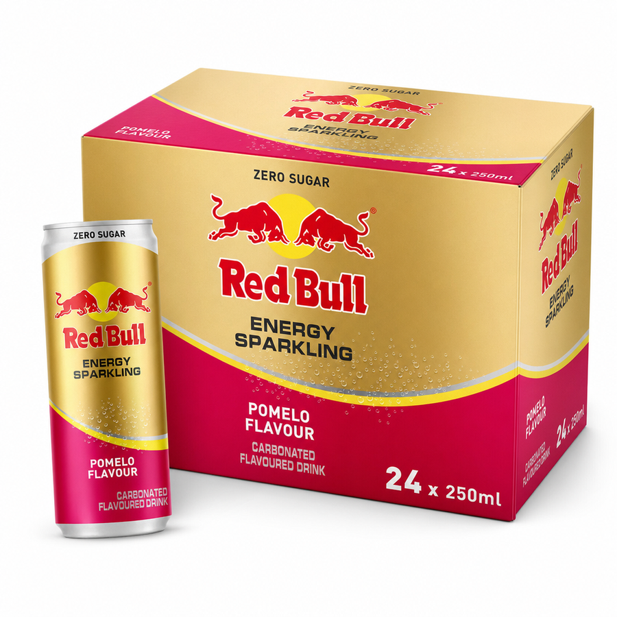 Red Bull (Thai) 250ml Pomelo (Zero Sugar) Box with a can and packaging showcasing the refreshing citrus flavor.