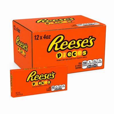 Reese's Pieces Theatre Box 4oz 113g Box packaging with 12 count display for peanut butter candy.