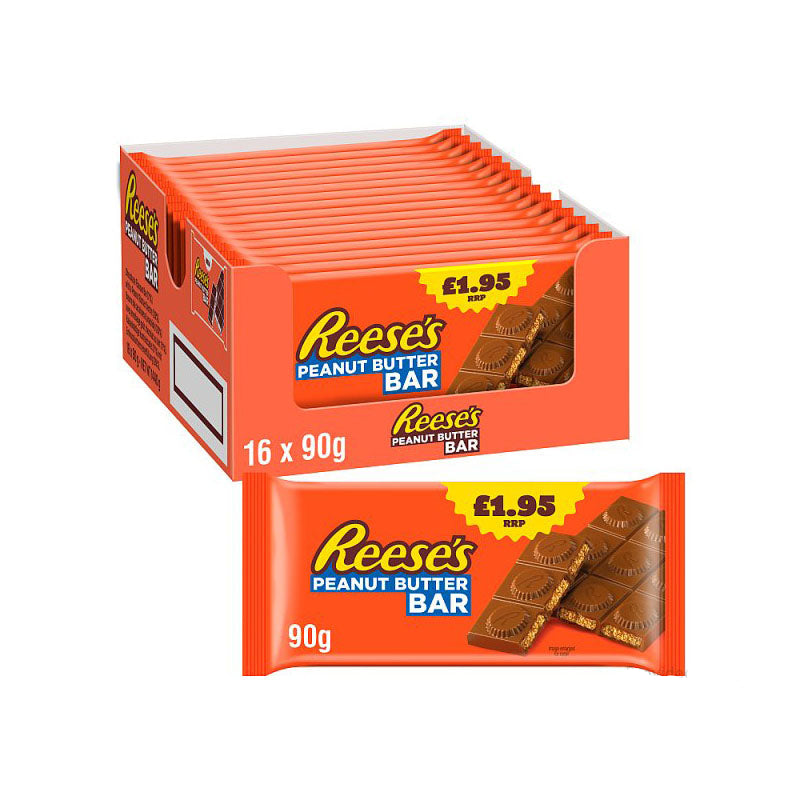 Reese's Peanut Butter Bar 90g Box with packaging and single bar, rich chocolate and peanut butter treat.