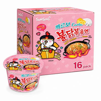 Samyang Carbonara 16 Pcs Box featuring cute packaging and noodles in a big bowl.