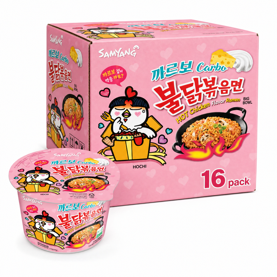 Samyang Carbonara 16 Pcs Box featuring cute packaging and noodles in a big bowl.