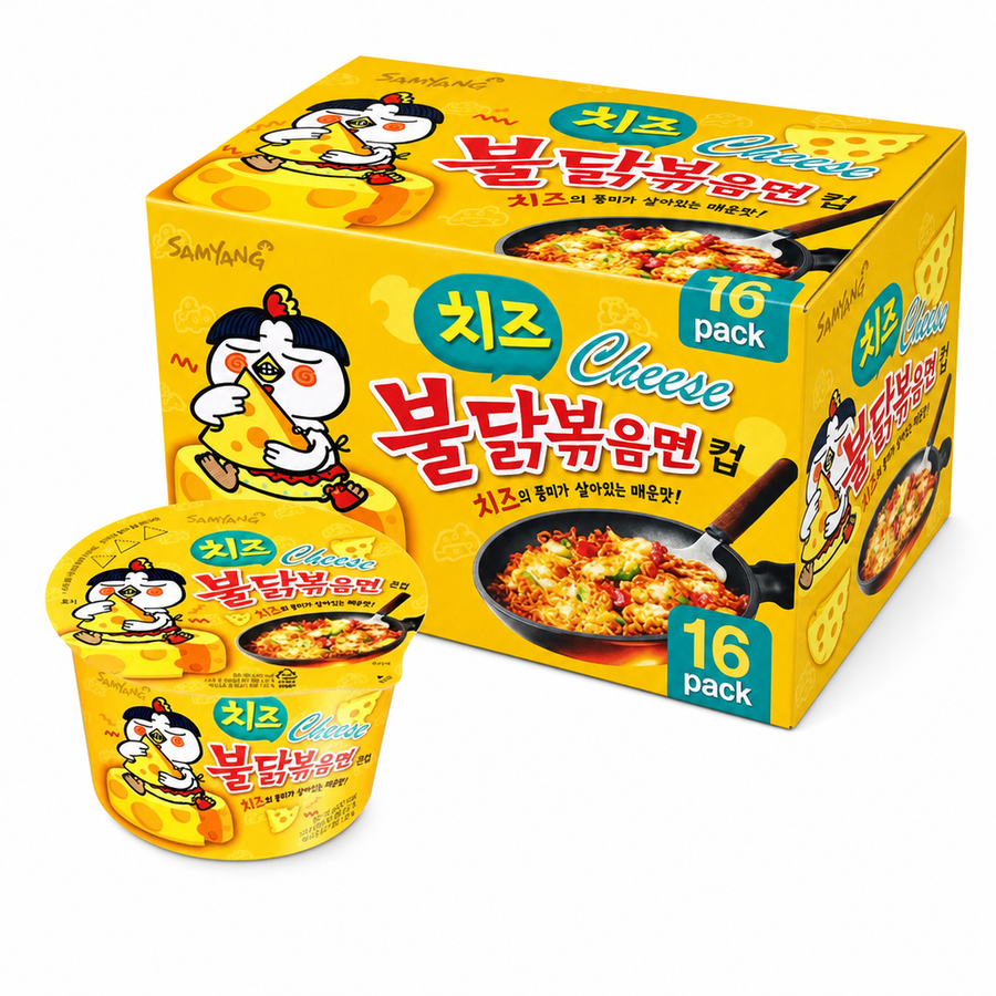 Samyang Cheese 16 Pcs Box featuring 16 packs of cheesy instant noodles in vibrant packaging.