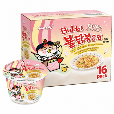 Samyang Cream Carbanara 16 Pcs Box, featuring creamy instant noodles in a bulk case.