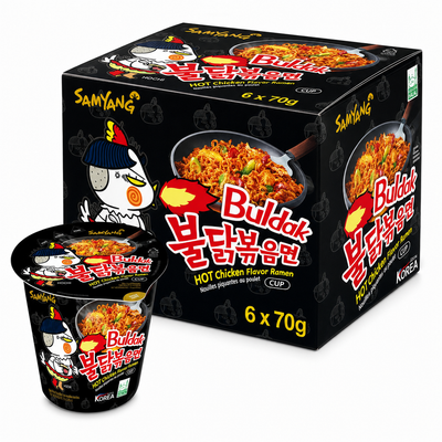 Samyang Hot Chicken Ramyun 70g Box featuring a cup and pack of spicy noodles.