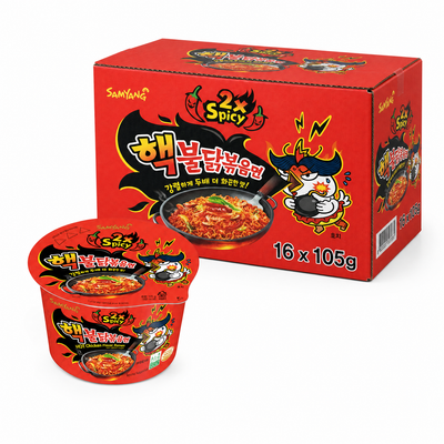 Samyang Hot Chicken Ramyun (Double Spicy) Big Bowl 105g Box packaging with noodles in a big bowl.
