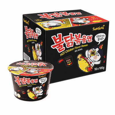 Samyang Ramyun Original Big Bowl 105g Box with hot chicken flavor ramen packaging and cup.