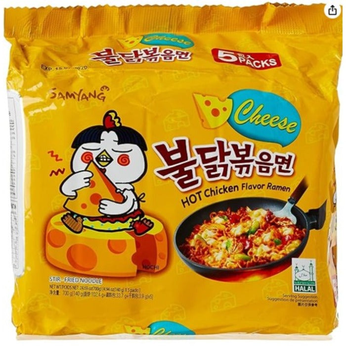 Samyang Cheese Hot Chicken Ramen 140g Box featuring bright packaging and cartoon character with noodles.