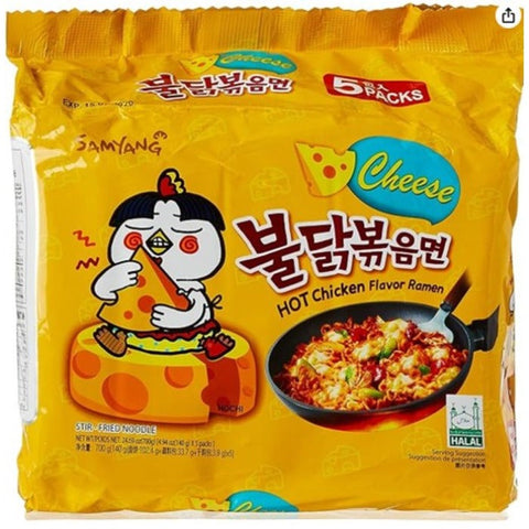 Samyang Cheese Hot Chicken Ramen 140g Box featuring bright packaging and cartoon character with noodles.