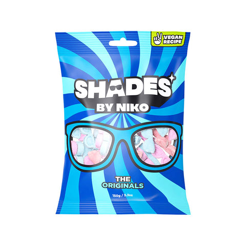 Shades by Niko The Originals colorful chewy candy packaging with fruity flavors and vegan recipe label.