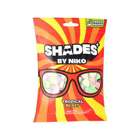 Shades by Niko Tropical Blast candy packaging featuring vibrant colors and fruity sweets.