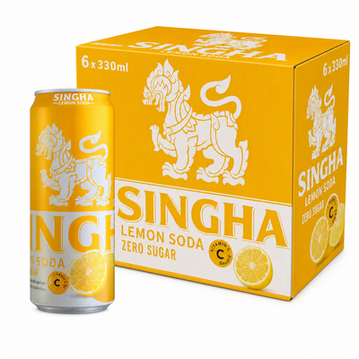 Singha Soda Water 330ml Original Box showcasing refreshing lemon soda with zero sugar in a six-pack.