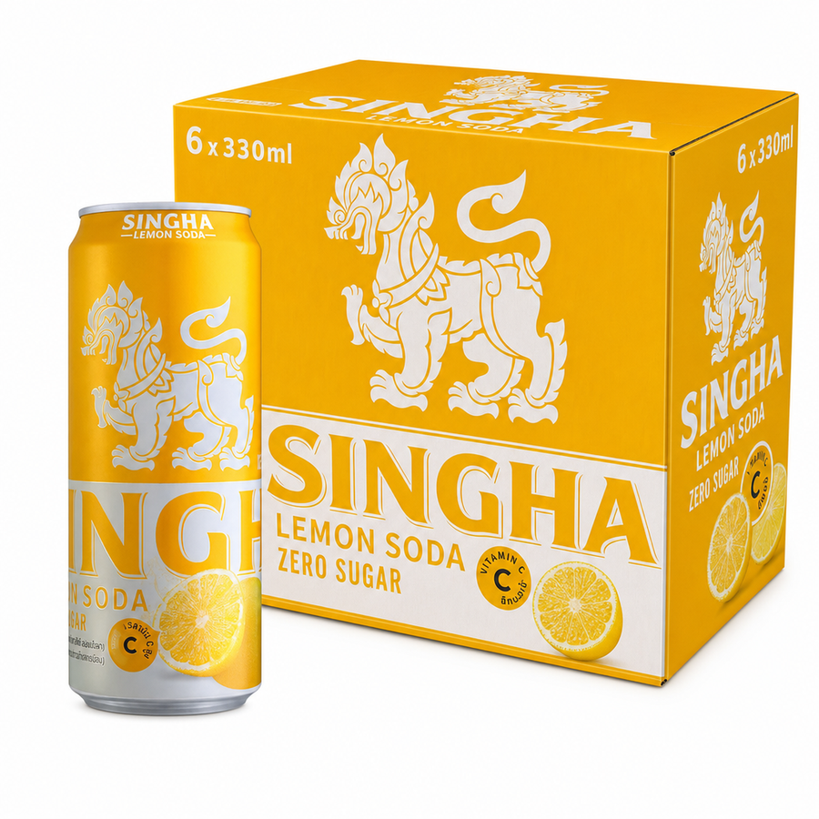 Singha Soda Water 330ml Original Box showcasing refreshing lemon soda with zero sugar in a six-pack.