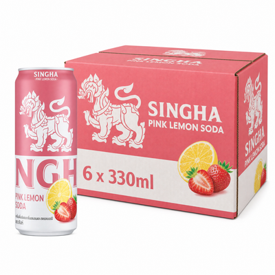 Singha Soda Water 330ml Pink Lemon Box packaging with can and fruits image.