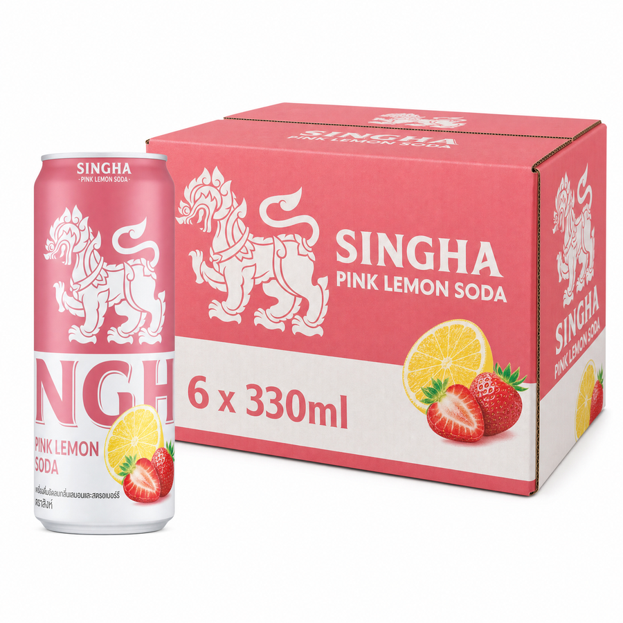 Singha Soda Water 330ml Pink Lemon Box packaging with can and fruits image.