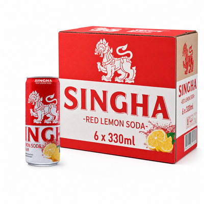 Singha Soda Water 330ml Red Lemon Box with a can and packaging featuring vibrant red and lemon graphics.
