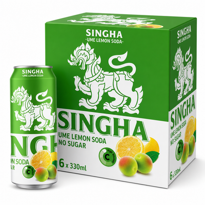 Singha Soda Water 330ml Ume Box with Ume Lemon flavor and no sugar, refreshingly sparkling beverage.