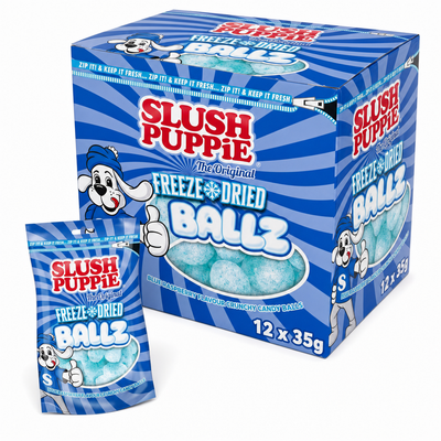 Slush Puppie Freeze Dried Balls 35g Bag Box featuring blue raspberry flavored crunchy candy balls.