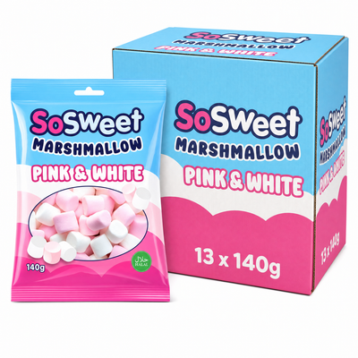 SoSweet Marshmallow Pink & White Bag 140g Box packaging with colorful pink and white marshmallows for snacks or baking.