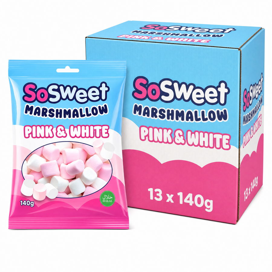 SoSweet Marshmallow Pink & White Bag 140g Box packaging with colorful pink and white marshmallows for snacks or baking.