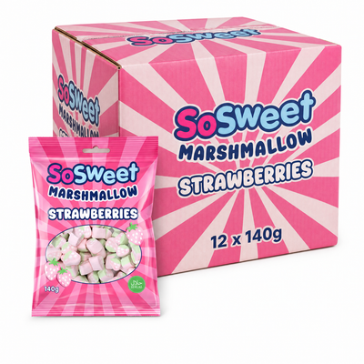 SoSweet Marshmallow Strawberries 140g Box with colorful packaging and bag showcasing strawberry-shaped marshmallows.