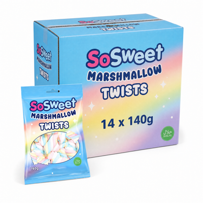 SoSweet Marshmallow Twists Bag 140g Box with colorful twisted marshmallows displayed in packaging.