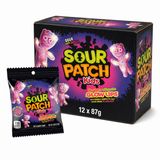 Sour Patch Kids Glow Ups 87g Box featuring vibrant candy packaging and individual packs for a fun treat.