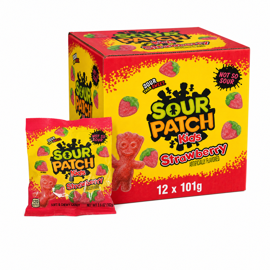 Sour Patch Kids Strawberry Peg Bag 101g Box with iconic sour-then-sweet candy in packaging.