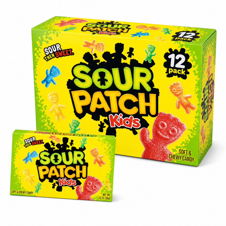 Sour Patch Kids Theatre Box Original Box featuring a colorful assortment of soft and chewy sour candy.