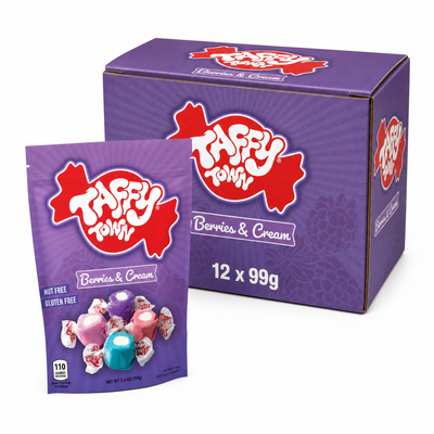 Taffy Town Peg Bag 99g Berries and Cream Box featuring a colorful taffy pack and box, perfect sweet treat.