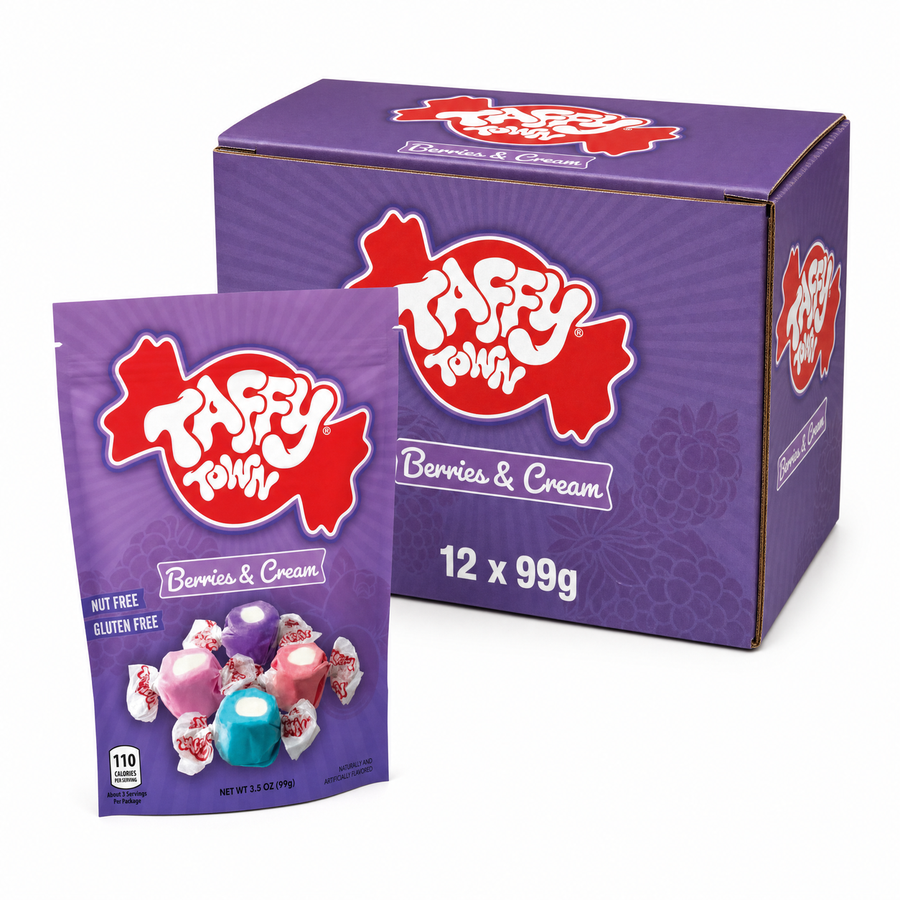Taffy Town Peg Bag 99g Berries and Cream Box featuring a colorful taffy pack and box, perfect sweet treat.