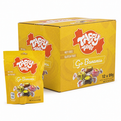 Taffy Town Peg Bag 99g Go Bananas Box featuring soft, chewy banana taffy in a colorful packaging.