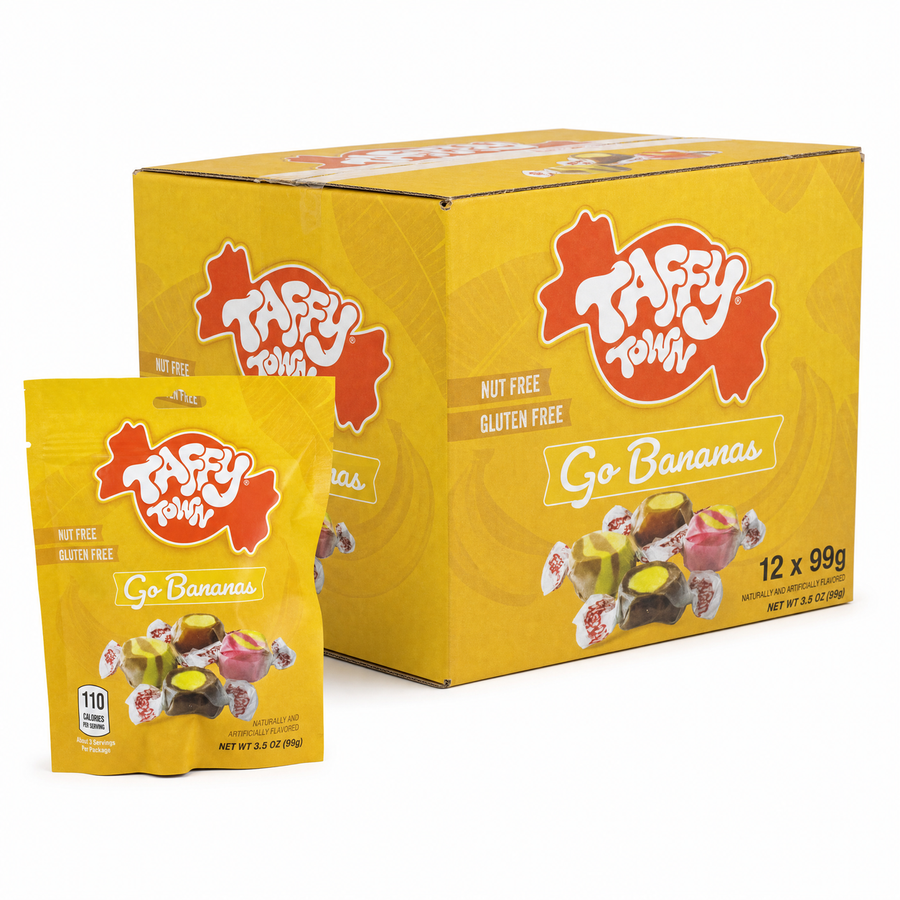 Taffy Town Peg Bag 99g Go Bananas Box featuring soft, chewy banana taffy in a colorful packaging.