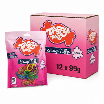 Taffy Town Peg Bag 99g Sassy Taffy Sour Box with colorful taffy candies and a shipping box.