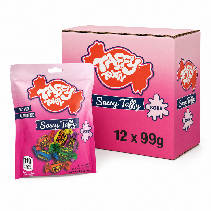 Taffy Town Peg Bag 99g Sassy Taffy Sour Box with colorful taffy candies and a shipping box.