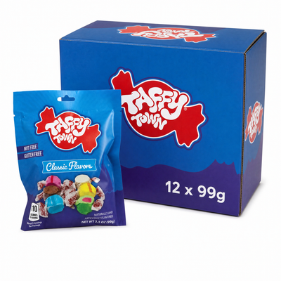 Taffy Town Peg Bag 99g Taffy Town Classic Flavours Box packaging with assorted taffy candies.