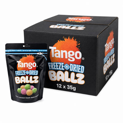 Tango Freeze Dried Balls 35g Bag Box with colorful freeze-dried candy packaging, featuring the iconic Tango brand logo.
