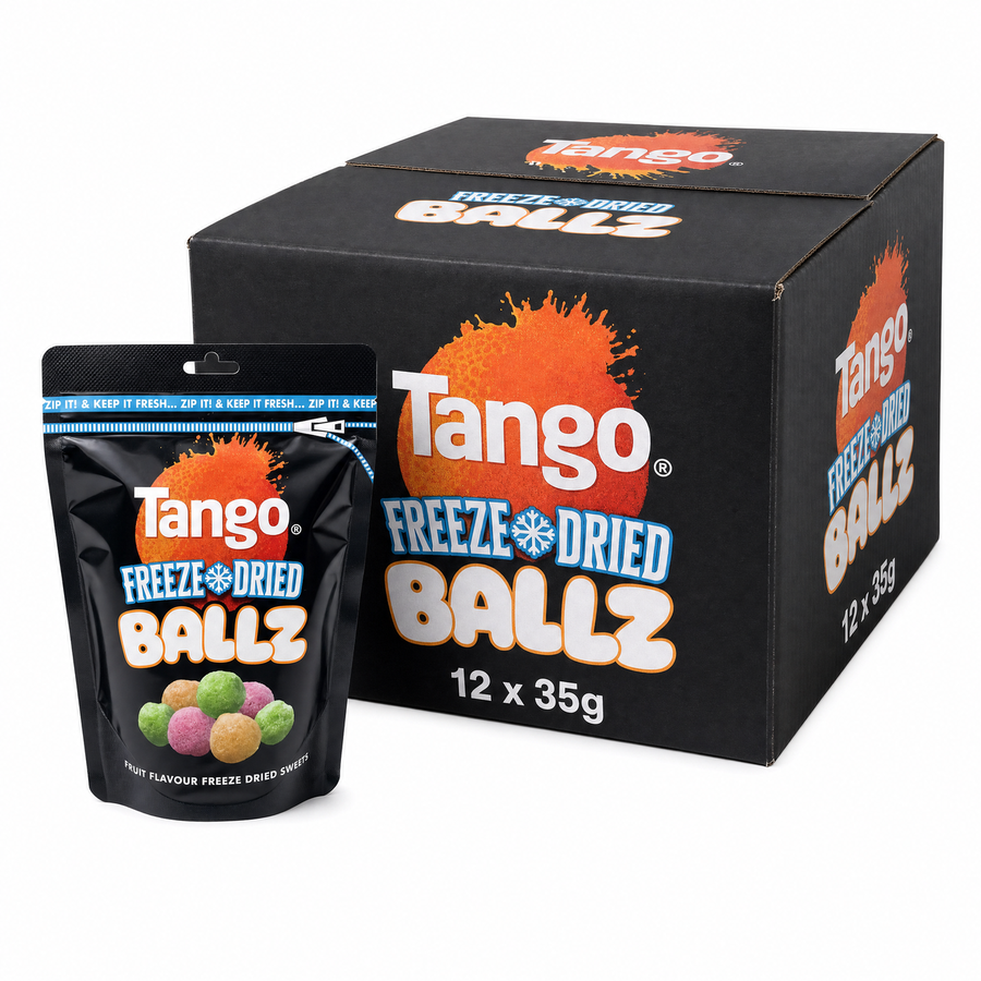 Tango Freeze Dried Balls 35g Bag Box with colorful freeze-dried candy packaging, featuring the iconic Tango brand logo.