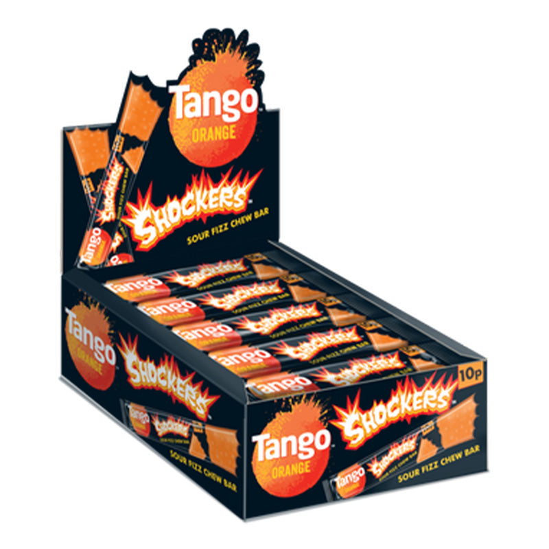 Tango Orange Shockers Sour Fizz Chew Bar Box display with vibrant packaging and chewy candy bars.
