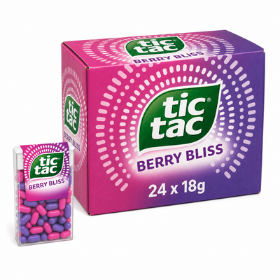 Tic Tac 18g Berry Bliss Box with fruity mint sweets in a colorful package, perfect for fresh breath on the go.