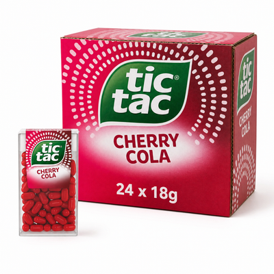 Tic Tac 18g Cherry Cola Box with red Tic Tac candies in a clear container and a bold packaging design.