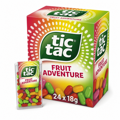 Tic Tac 18g Fruit Adventure Box with colorful mixed fruit candies in packaging and pocket box.