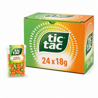 Tic Tac 18g Lime & Orange Box featuring a colorful pack of Tic Tac in lime and orange flavors.