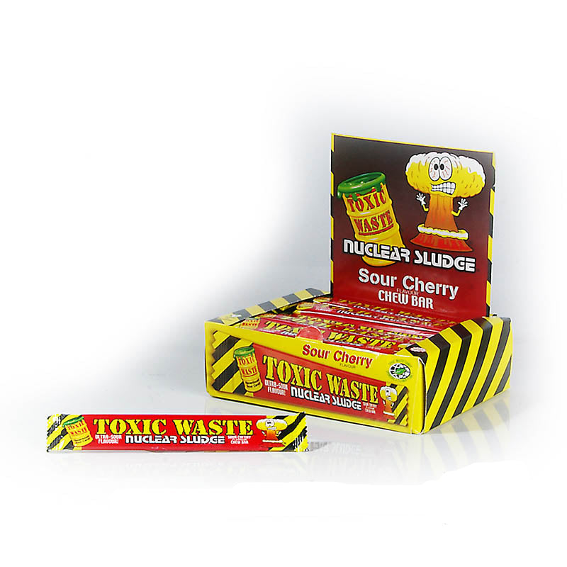 Toxic Waste Cherry Chew Bar 20g Box featuring extreme sour cherry flavor in chewy bar format.