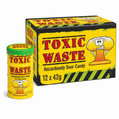 Toxic Waste Original Yellow Drum 42g Box featuring assorted extreme sour candies.