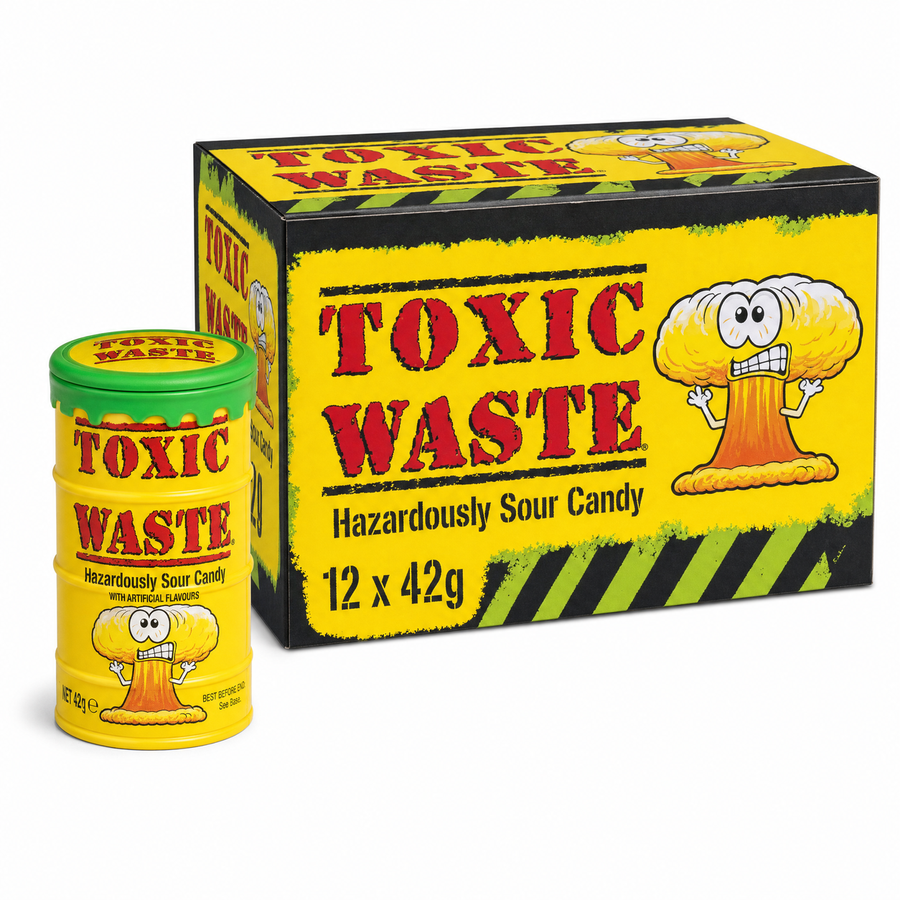 Toxic Waste Original Yellow Drum 42g Box featuring assorted extreme sour candies.