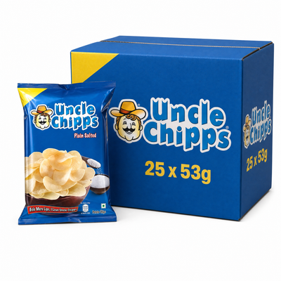 Uncle Chipp Plain Salted - 53g Box packaging with crisp snack and blue box display.