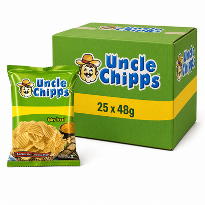 Uncle Chipp Spicy Treat - 48g Box with 25 snack bags of bold, spicy crisps on display.