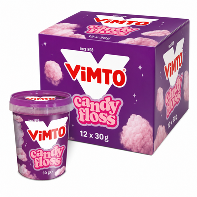 Vimto Candy Floss 30g Box with tub and packaging featuring iconic Vimto branding