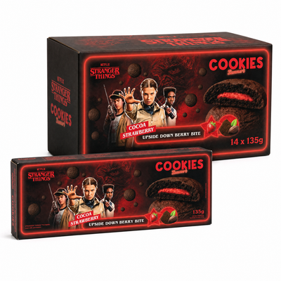 Yummers Stranger Things Chocolate Strawberry Cookie 135g Box packaging with Cocoa Strawberry Upside Down Berry Bite.