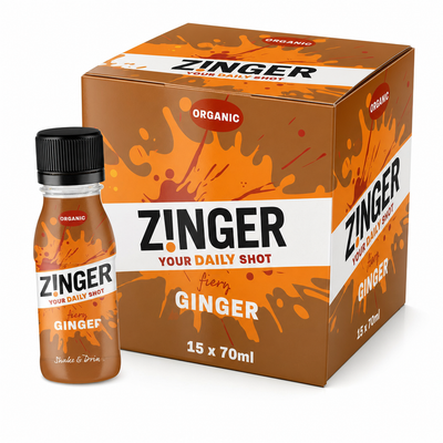 Zinger Organic Daily Shots 70ml Ginger Box packaging with an invigorating ginger wellness shot.